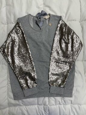 Gray Sweatshirt with Silver Sequin Sleeves